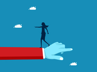 argument between two sides. Businesswoman on giant hand pointing in opposite direction. vector