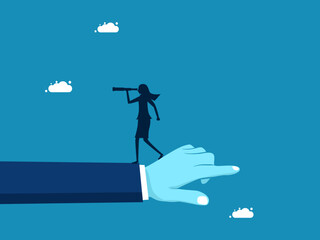 Look at business differently. Businesswoman looks into binoculars in opposite direction with giant hand pointing. Vector