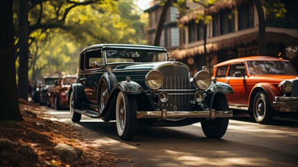 A vintage car rests on the side of the road, its classic wheels blending in with the surrounding...