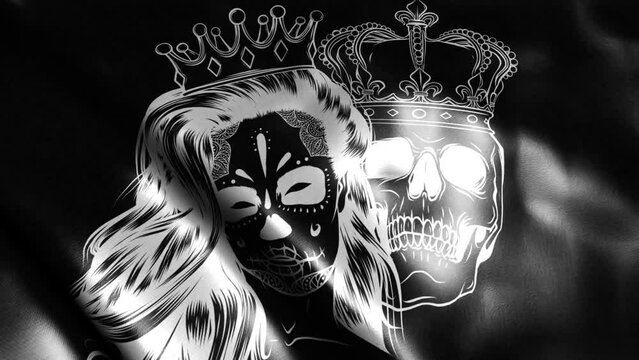 flag in loop of King and queen of death. skull with a crown in black background