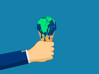 Businessman holds a globe that is melting like ice cream. climate change concept vector