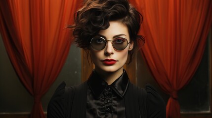 A stylish woman wearing round sunglasses stands in front of a red curtain, her face framed by the glasses as she exudes confidence and fashion sense indoors
