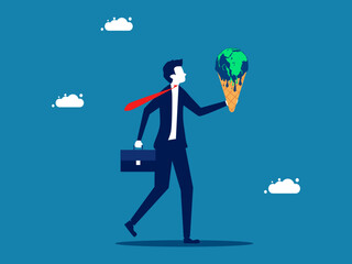man holds a globe that is melting like ice cream. climate change concept vector