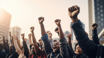 Movement for equality and justice with this powerful image of a diverse group, raising their fists in a gesture of unity. The strength and determination of a community standing together. - obrazy, fototapety, plakaty