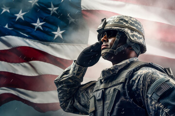 US soldier in the battle field saluting in front of the United States of America flag background. Memorial day and independence day concept