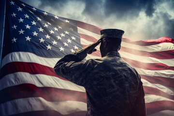 US soldier in the battle field saluting in front of the United States of America flag background. Memorial day and independence day concept