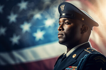 US soldier in the battle field saluting in front of the United States of America flag background. Memorial day and independence day concept