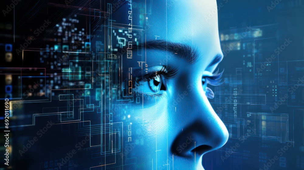 Poster future advanced hologram screen eyes, humanoid technology algorithm vr system.