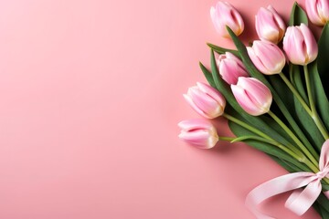 Bouquet of tulips on pink background. Spring background. Concept for international women's day, mother's day. Copy space