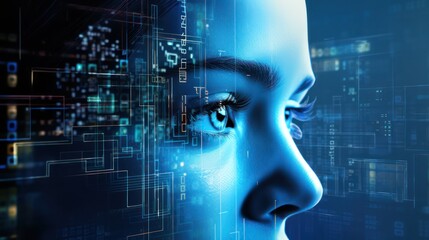 Future advanced hologram screen eyes, Humanoid technology algorithm VR system.