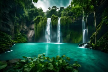 A majestic waterfall crashing down into a turquoise pool, surrounded by lush vegetation.