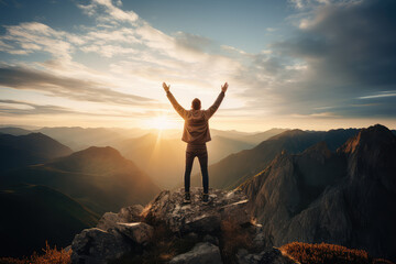 Celebration of achievement as a positive man expresses pure joy on the mountain top, radiates positivity and happiness, showcasing the elation of conquering challenges. - obrazy, fototapety, plakaty