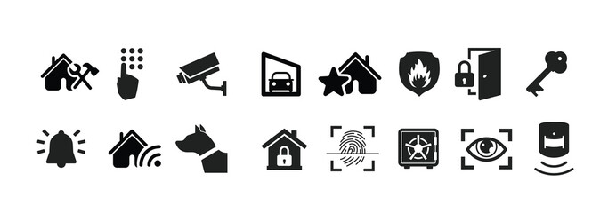 Home Security Icons Set. Home Security line icon set. Included the icons as door lock, dog, thief, key, burglar alarm, cctv and more.

