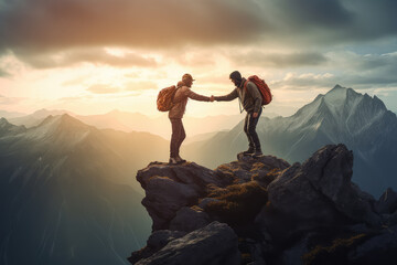 Hiker extends a helping hand to their friend, reaching the mountain top together. teamwork, determination, and success in the great.