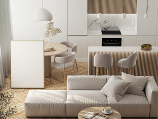 Frame mockup, ISO A paper size. Living room wall poster mockup. Interior mockup with house background. Modern interior design. 3D render
