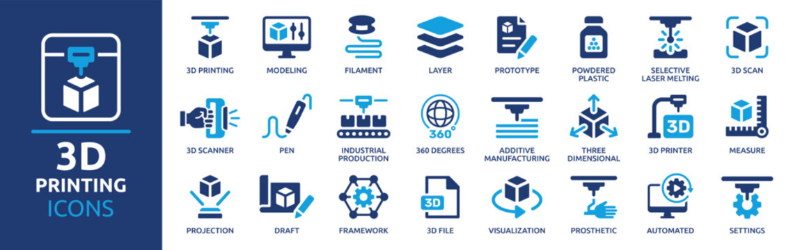 3D printing icon set. Containing 3D printer, modeling, filament, 3D scanner, additive manufacturing, prototype and more. Solid vector icons collection.