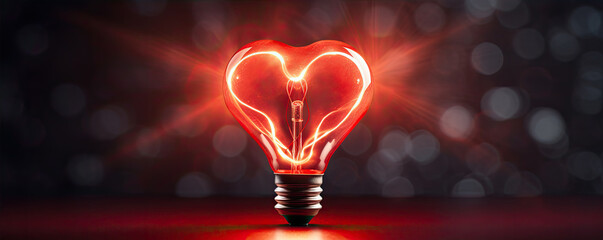 Lightbulb with red heart shape inside. Bulbs on black background. - obrazy, fototapety, plakaty