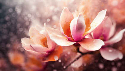 Kwiaty wiosenne, akrylowe płatki, kwitnąca magnolia - obrazy, fototapety, plakaty