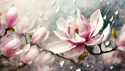 Kwiaty wiosenne, akrylowe płatki, kwitnąca magnolia - obrazy, fototapety, plakaty