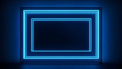 Empty Blue Frame for Mockup or Design Presentation. Blue Neon Light Frame on Black Wall.