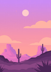 Desert landscape with cactus, cloud, moon. Beautiful scenery vector graphic for travel poster in retro style. For poster, card, banner, cloth design ideas. Sunset in canyon. Hand drawn illustration.