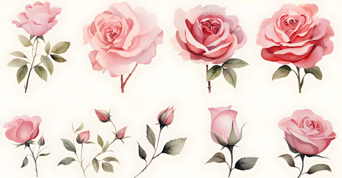 set of vintage rose watercolor