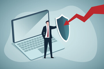 Privacy Data Protection in Internet. Tiny Character in front of Huge Laptop with Shield,Protecting from attack. Cartoon People Vector Illustration.