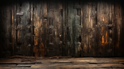 Amidst a maze of wooden planks, a solitary door stands as a reminder of the dark secrets hidden within the walls - obrazy, fototapety, plakaty