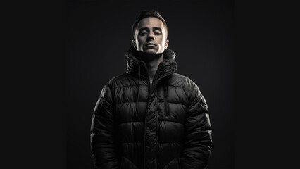 A man wearing high end puffer jacket, young adult, black and white, plain background
