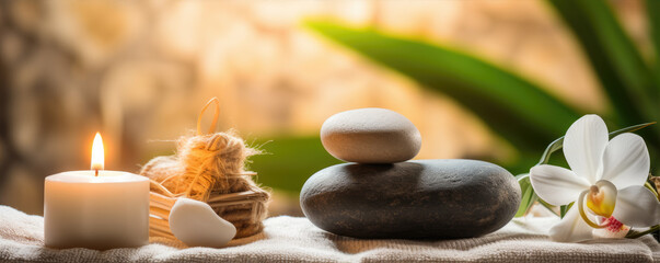 Fototapeta na wymiar Massages stones and candles. Spa relaxation concept.