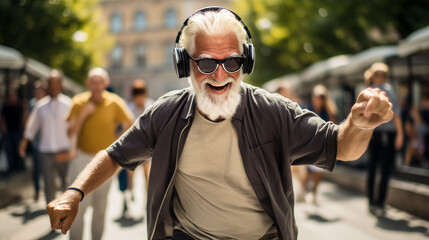 Enthusiastic old man feels happy enjoying music in headphones demonstrating taste for life and embodying spirit of living to fullest. Happy pensioner dancing in crowded street walking on sunny day - obrazy, fototapety, plakaty