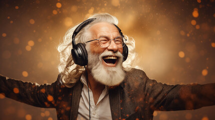 Lively old gentleman completely immersed in music through headphones embodying spirit of joy and timelessness. Dynamic mature man happily listening to music with arms outstretched enjoying new songs - Powered by Adobe