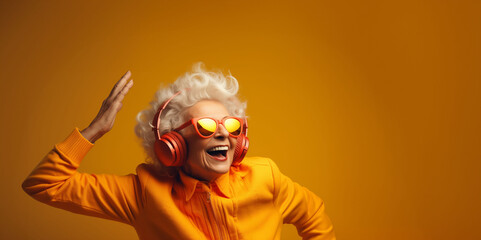 Satisfied old woman with grey hair wearing bright headphones and clothes does best body moves energetically. Cheerful senior woman in bright sunglasses smiles broadly dancing to favourite song - obrazy, fototapety, plakaty