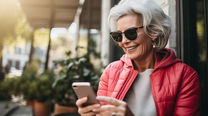 Old woman with grey hair in sunglasses sits on summer terrace of city cafe and smiles receiving new message from dear friend. Old woman does shopping with pleasure online on phone in city street - obrazy, fototapety, plakaty
