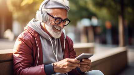 Old man uses tablet and headphones to amplify joyful conversation with grandchildren about weather and children school progress. Senior man dressed in style sits on park bench watching fashion advice - obrazy, fototapety, plakaty