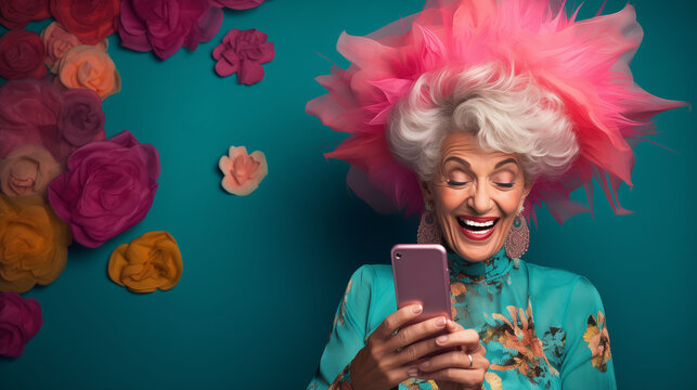 Cheerful pensioner enjoys creating chic expressive images and cool photo zones in spare time. Satisfied old woman smiles broadly at great photo taken by photographer in bright studio