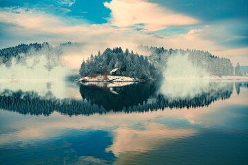 wintry lake with a small island