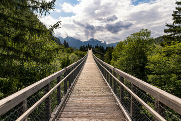 Fototapeta na wymiar Straight ahead on a suspension bridge next to the treetops