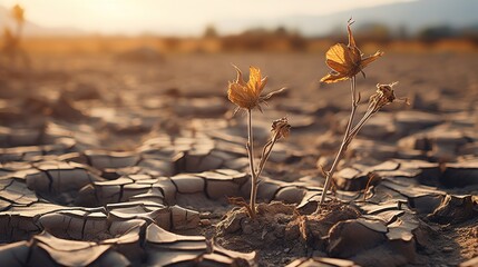 Global warming and climate changing concept. Green plant growth in cracked soil ground land - 692017096