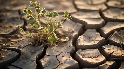 Global warming and climate changing concept. Green plant growth in cracked soil ground land - 692017202