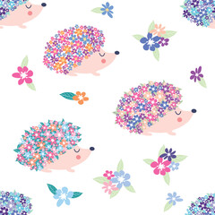 Seamless childish pattern with floral hedgehog with flowers and cute hedgehogs on a white background.