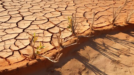Global warming and climate changing concept. Green plant growth in cracked soil ground land - 692017426