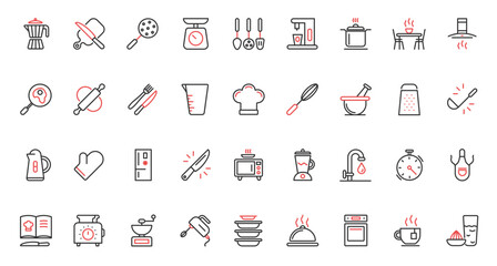 Coffee machine and hood, symbols of restaurant or home equipment tools for cooking, scales microwave, chefs apron and recipe book. Kitchen trendy red black thin line icons set vector illustration.