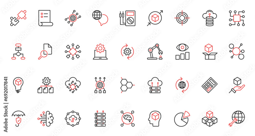 Aufkleber Intelligent machine with neural electronic system, innovation of artificial intelligence digital data support. AI, machine learning science trendy red black thin line icons set vector illustration.