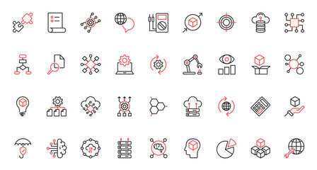 Intelligent machine with neural electronic system, innovation of artificial intelligence digital data support. AI, machine learning science trendy red black thin line icons set vector illustration.