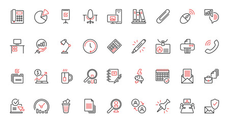 Vector illustration trendy red black thin line icons set office communication documents, including working team symbols, finance trend analysis pie chart report, brainstorm, planning, business meeting