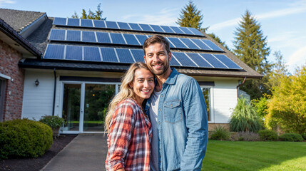 Happy blonde and brunette couple standing in the driveway of their house smiling, solar panels on roof, sunny weather 