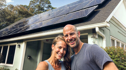 Happy blonde couple standing in the driveway of their house smiling, solar panels on roof, sunny weather 