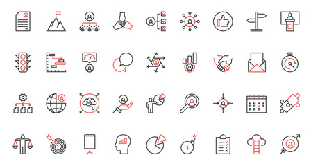 Vector illustration red black thin line icons set for business management human resource organization, direction and efficiency multitasking communication, recruiting resume search, achievement