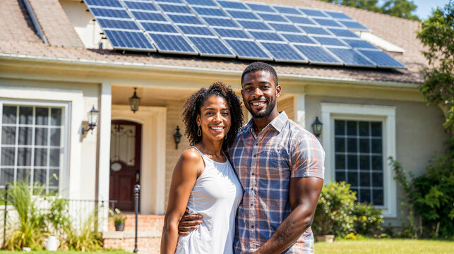 Happy black couple standing in the driveway of their house smiling, solar panels on roof, sunny weather 